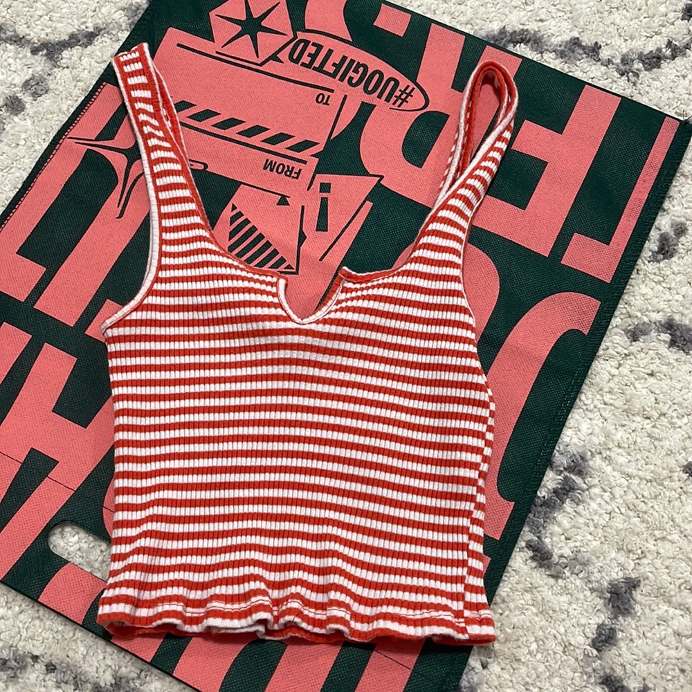 Red and White cropped tank top.